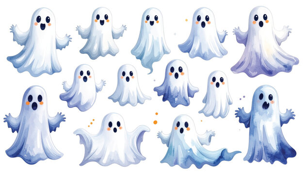 Group of white cartoon ghosts together.