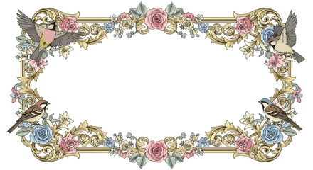 Vintage floral frame with songbirds and roses, ornate gold baroque border vector, elegant botanical wedding invitation frame © Muhammad