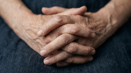Fototapeta premium Elderly clasped hands resting on lap in soft light, aging and quiet reflection concept