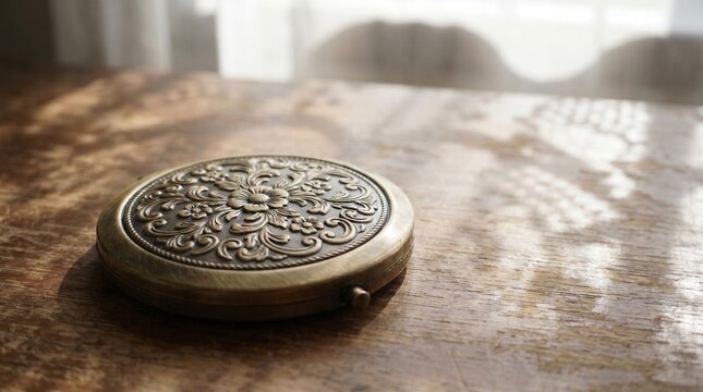 A compact bronzer case with embossed details, surrounded by soft light, 8k, realistic, full ultra HD, high resolution, cinematic photography