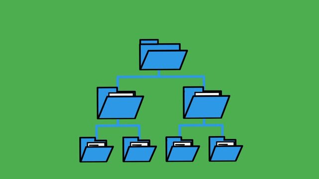 Animated blue folder hierarchy with document management system structure. Folder diagram showing document emerging from folder.