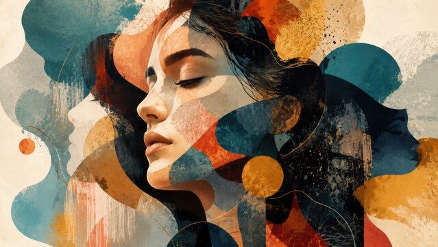 Abstract digital art depicting three overlapping female profiles with textured layers and warm earthy tones.
