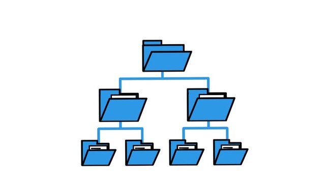 Animated blue folder hierarchy with document management system structure. Folder diagram showing document emerging from folder.