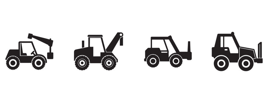 Industrial forklifts or telehandlers in various positions and designs used for lifting and moving heavy loads in construction and warehouse settings