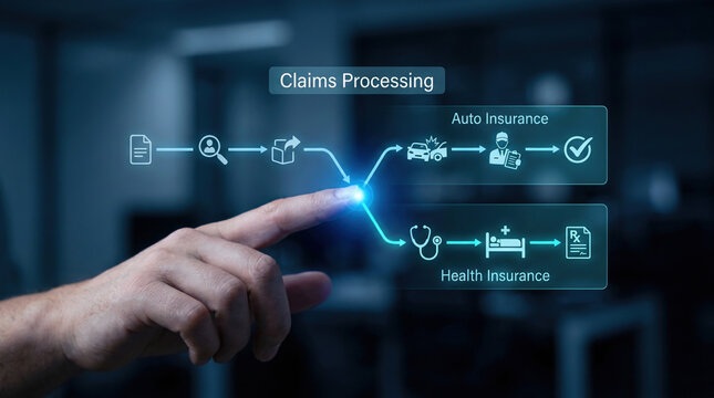 Close-up of a human hand interacting with a futuristic glowing sapphire blue digital insurance claims processing flowchart showing auto and health insurance pathways