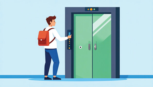 Man with backpack using elevator buttons.