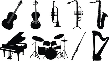 Musical Instrument Silhouette Collection Vector Set with Piano Violin Trumpet and Harp © Fajle