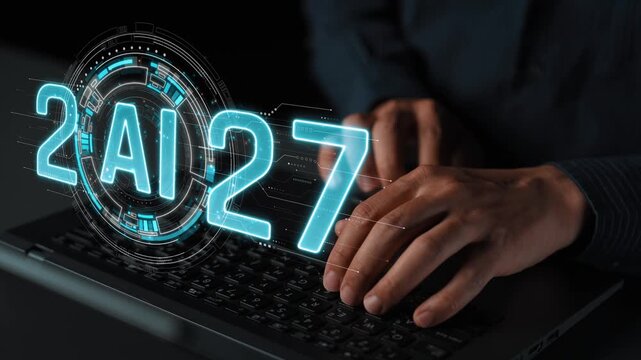 Hands Typing on a Laptop with Digital AI Interface Displaying Futuristic Elements and Numbers, Representing Advanced Technology Concepts Sigmoid