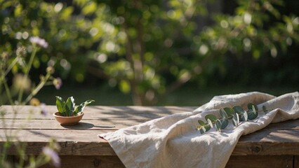 Outdoor garden setting with wooden table, linen napkin, and eucalyptus sprigs © Sarkar