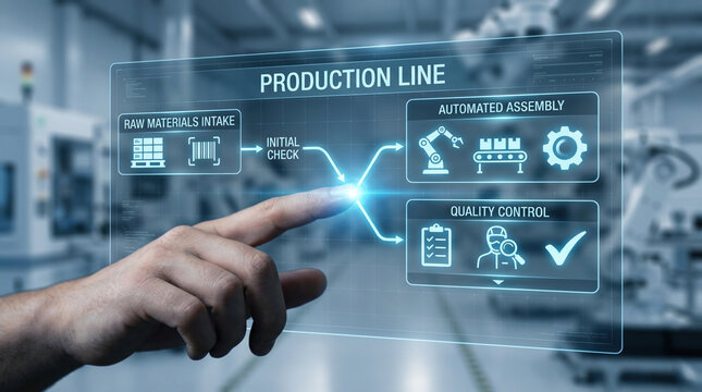 Close up of a human hand pointing to a glowing steel blue digital production line diagram in a blurred factory setting, representing Industry 4.0 and smart automation.