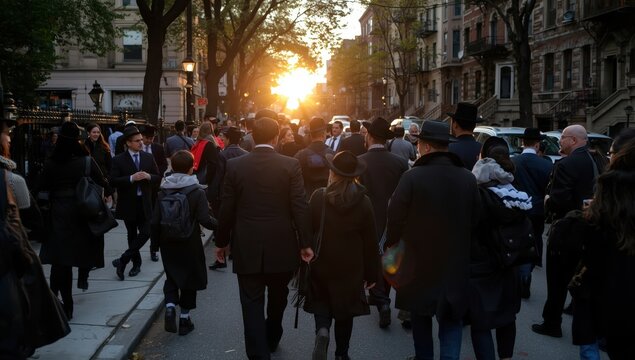Hasidic Jews travel to synagogue on the Sabbath in Williamsburg, Brooklyn.