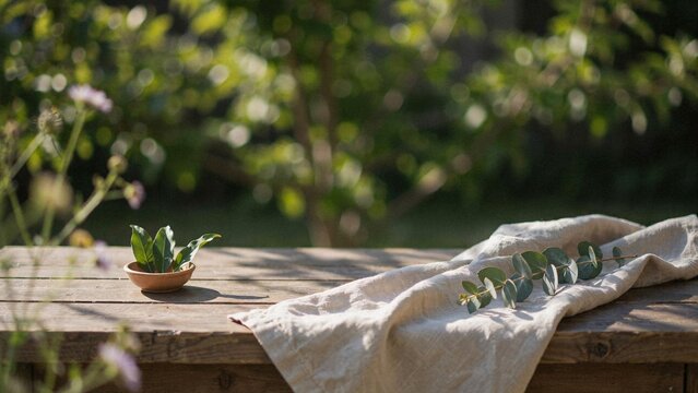 Outdoor garden setting with wooden table, linen napkin, and eucalyptus sprigs