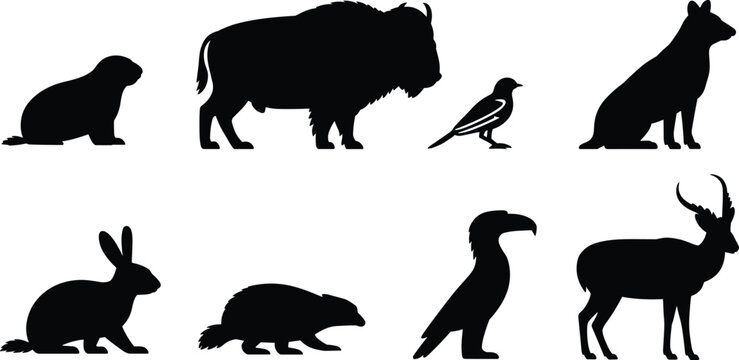 Set of animal silhouette icons including marmot, bison, magpie, wolf, hare, badger, toucan, and antelope