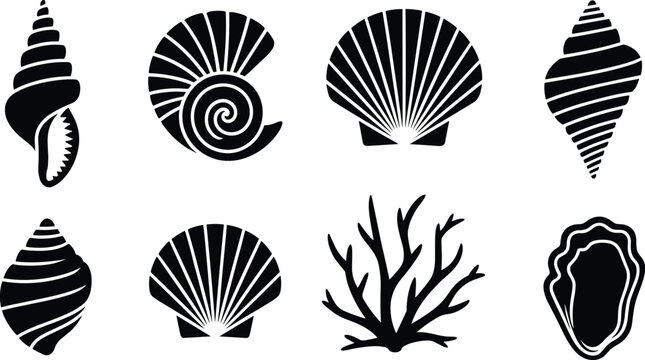 Seashell and Coral Silhouette Collection Vector Set for Marine Nature Designs