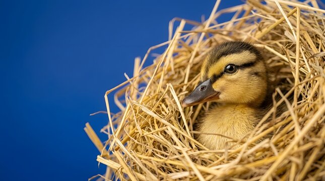 Small duckling sitting in a straw nest against a blue background