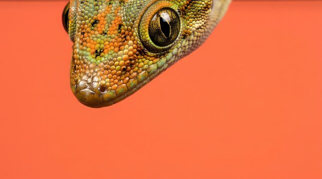Macro portrait of a gecko eye and textured skin on orange background