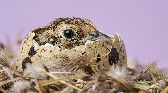 Newborn baby bird hatching from spotted eggshell in a nest