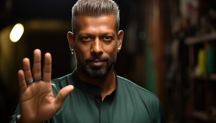 Fototapeta premium A man with a serious expression holding up his hand in a stop gesture