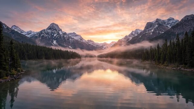 Panning shot of alpine lake reflecting snow covered mountains and morning mist with sunrise light over evergreen shoreline in mountainous valley landscape