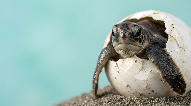 Baby sea turtle hatching from egg on sandy beach