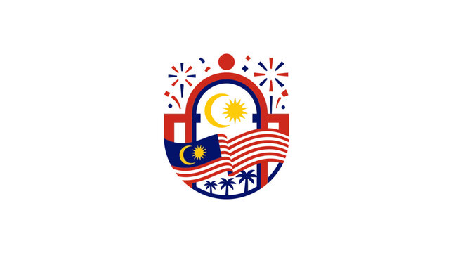 Malaysia National Day Celebration Logo with Flag and Palm Trees