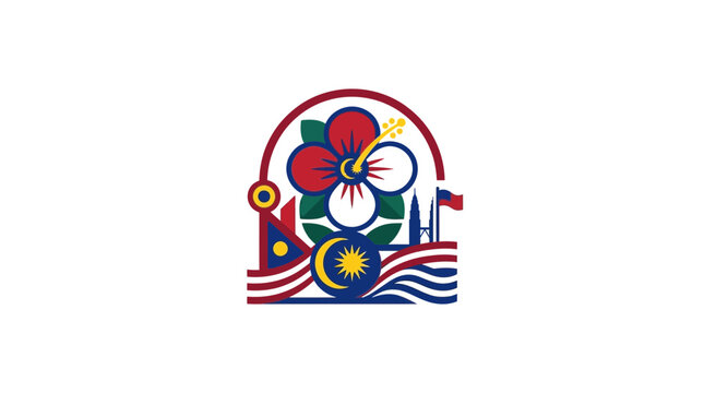 Malaysia National Day Celebration Logo with Hibiscus Flower and Flag Elements