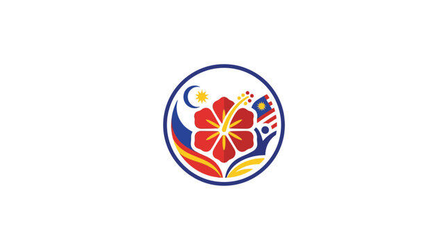 Malaysia National Day Emblem with Hibiscus Flower and Flag Motif