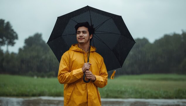 Man in raincoat holding umbrella outside