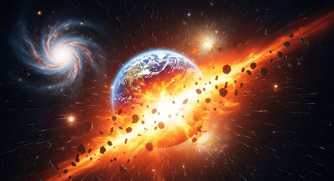 Earth Exploding in Space with Galaxy and Asteroids.