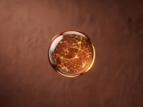 Floating golden glass sphere with glowing energy network inside, artificial intelligence and quantum physics concept
