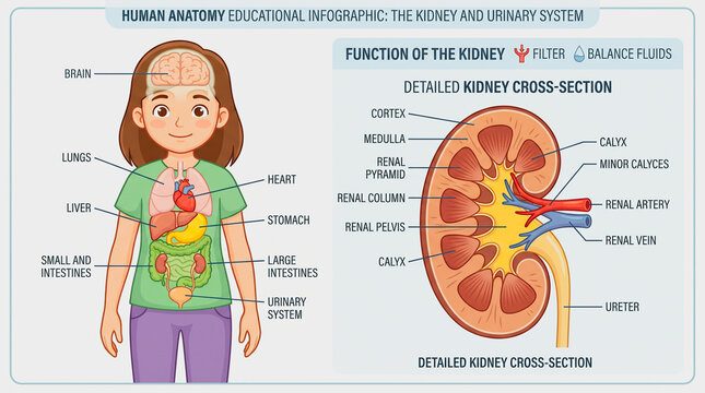 Human anatomy chart showing kidneys and urinary system function with education