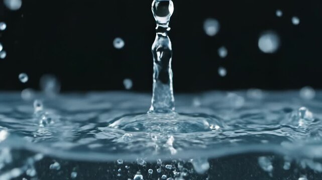 High speed macro photography of a clear blue water splash forming a crown shape on a calm surface with sharp ripples and reflection against a dark background with bokeh effects.