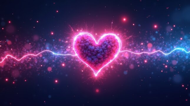 Glowing pink heart shape with neon light pulse line on a dark starry background for love and romance themes