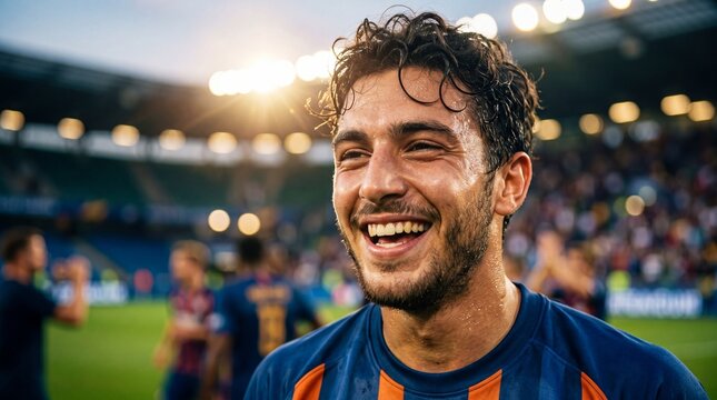 Smiling professional football player celebrating victory on pitch. Young man athlete laughing at stadium after match. Success in professional sport, joy of winning game, championship concept