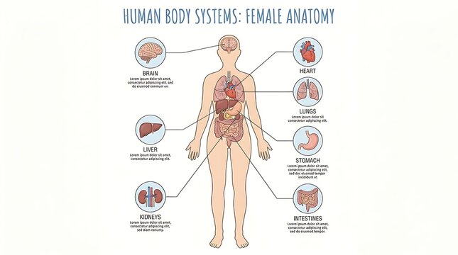 Educational diagram of internal human body systems and organs female anatomy