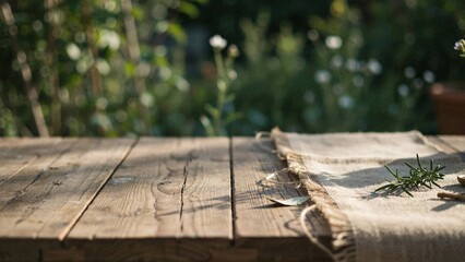Obraz premium Rustic wooden table with burlap cloth and rosemary sprig in garden setting