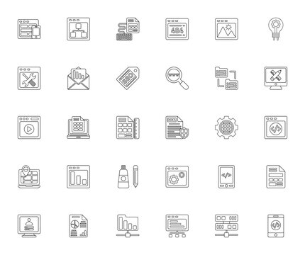 Web Development icon set. Minimalist web icons pack. Includes symbols for responsive design, networking, security, SEO, web programming, mobile development, 404 error and more.