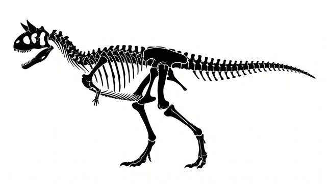 Black Silhouette Illustration of a Prehistoric Carnotaurus Dinosaur Skeleton Fossil with Horns on a White Background