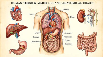 Anatomical chart of human torso illustrating major internal organs and systems