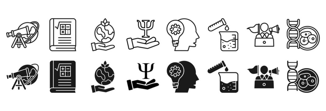 Science icon set vector illustration concept relate to astronomy, mathematic, ecology, psychology, logics, science, archeologist, microbiology