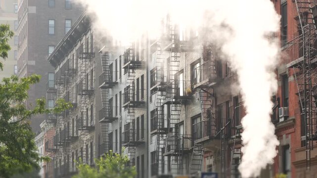 New York City urban residential buildings architecture, Manhattan classic street, United States of America. Typical red brick house, real estate property, USA. Fire escape metallic ladder. Hot steam.