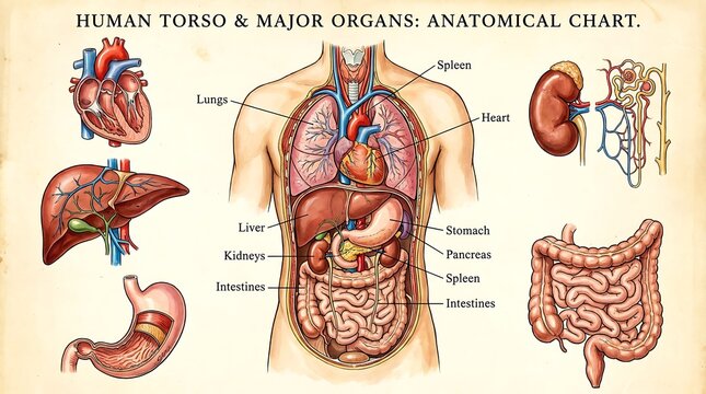 Anatomical chart of human torso illustrating major internal organs and systems