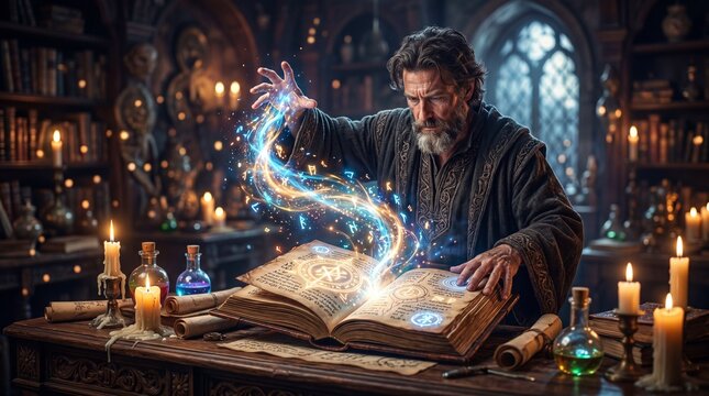 Wizard casting magic spell from ancient book in medieval library. Sorcerer performing ritual alchemy with glowing runes. Fantasy concept of occult mysticism and astrology practice