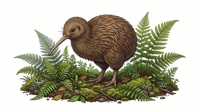 New Zealand Kiwi Bird Illustration Standing Among Green Forest Ferns and Moss