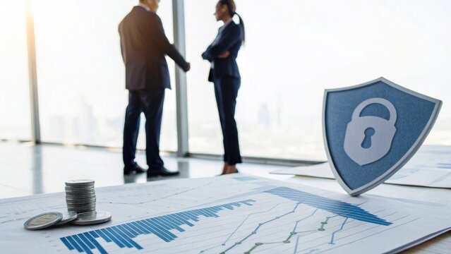 Two business professionals shake hands in an office with financial charts and a security shield icon symbolizing data protection.