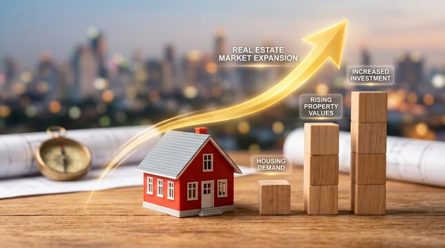 Red house model with ascending blocks labeled quarterly and yearly milestones, golden arrow rising toward city skyline, symbolizing real estate expansion, growth, and long-term investment success.