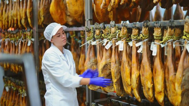 Girl checks quality of spanish jamon in the workshop. High quality 4k footage