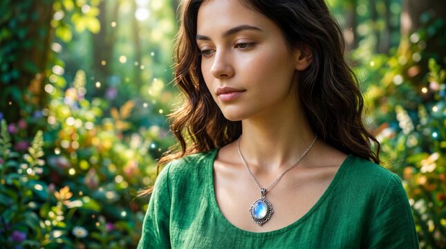 Woman wearing moonstone pendant standing in mystical forest. Magic and enchantment concept with shimmering particles. Fantasy ethereal portrait of young woman in magical nature setting