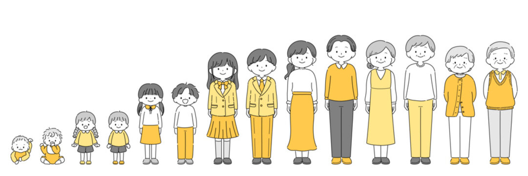 赤ちゃんから高齢者までの人生の成長過程を表した人物イラストセット