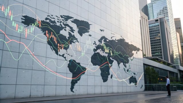 A man observes a large world map mural on a building wall displaying financial stock market charts in an urban cityscape.
